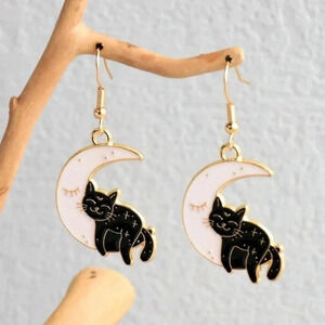 Black white moon crescent gold cat dangle earrings jewelry sparkle women size gg